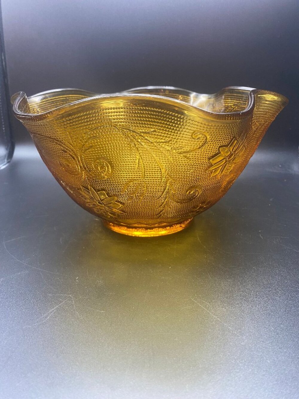 Tiara Amber Indiana glass Ruffle bowl